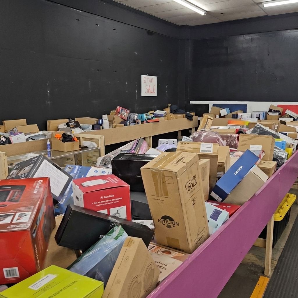 Boxed stock along the bin rails on the Amazing Stock floor in North York